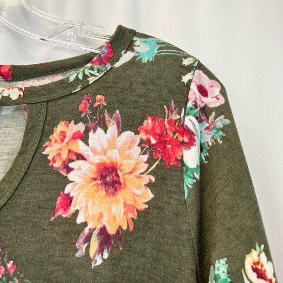 MTS Womens Top Multicolor Floral 3/4 Sleeve Bell Stretch High Low USA Medium - Picture 6 of 12